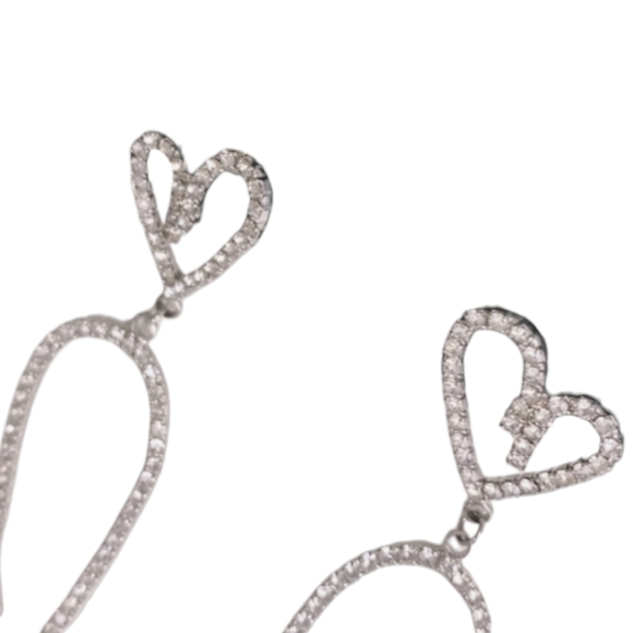 Rhinestone Dangly Double Heart Earrings - Picture 3 of 6